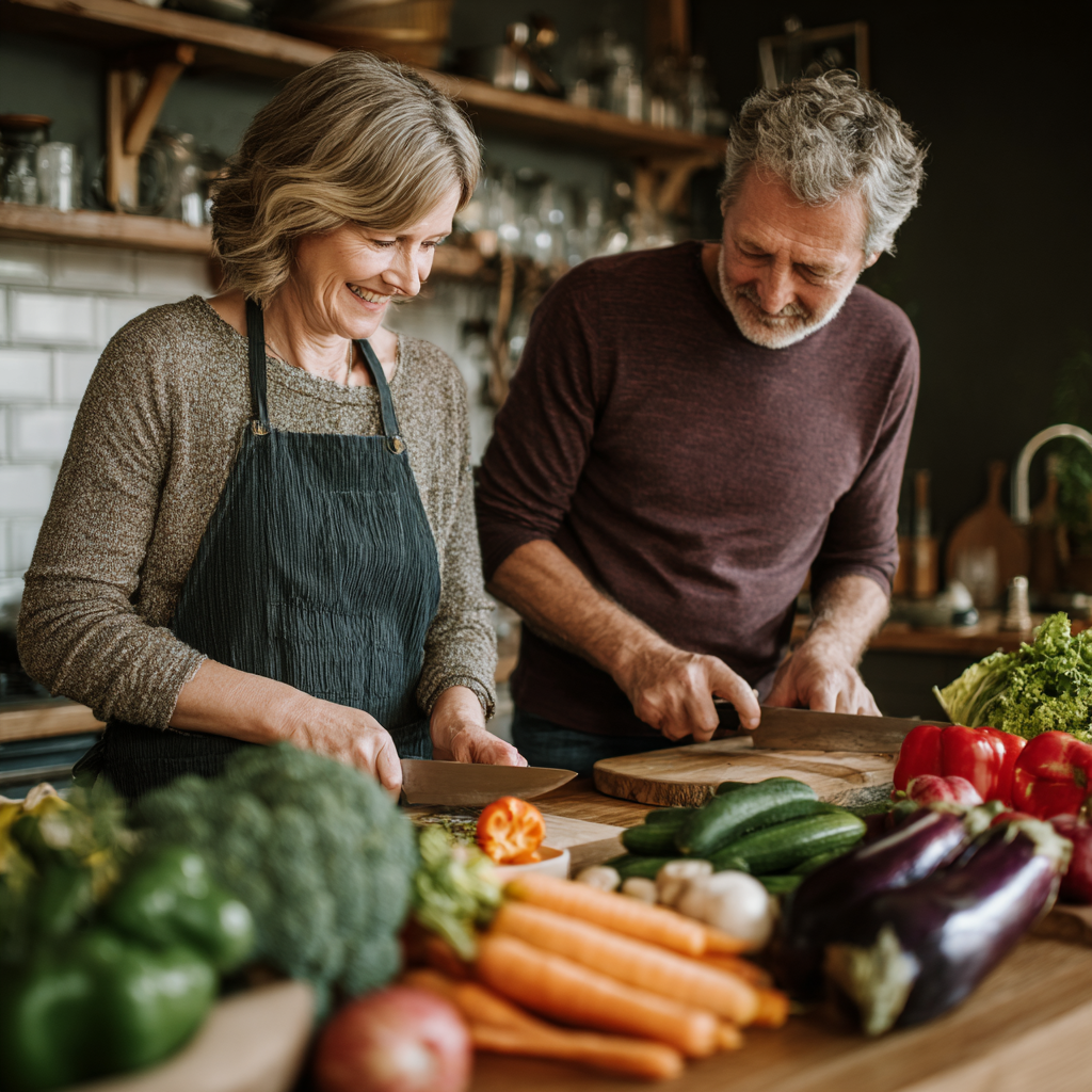 Middle-aged adults preparing nutritious heart-healthy meal with vegetables and fruits